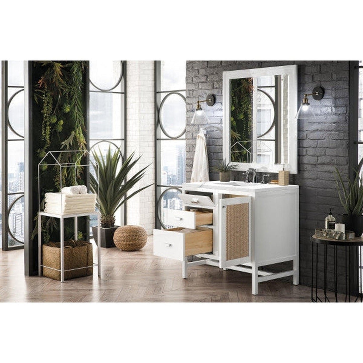 James Martin Addison 36" Single Glossy White Bathroom Vanity With 1" Carrara White Marble Top and Rectangular Ceramic Sink