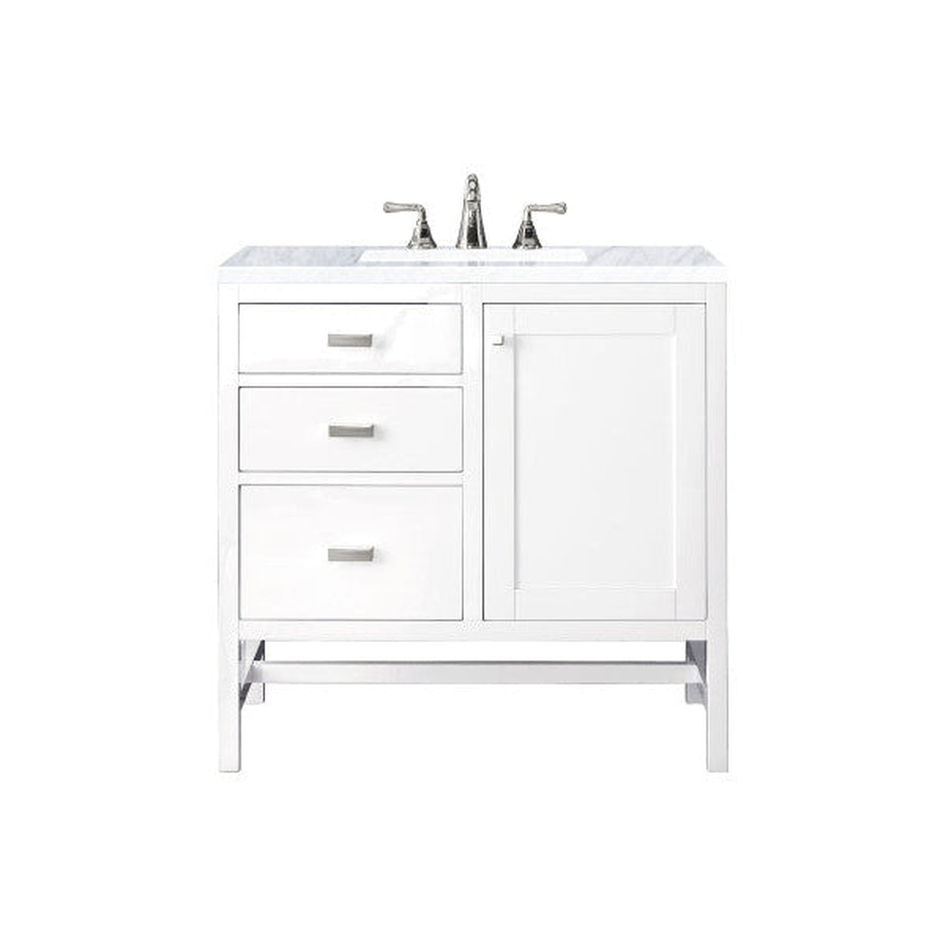 James Martin Addison 36" Single Glossy White Bathroom Vanity With 1" Carrara White Marble Top and Rectangular Ceramic Sink