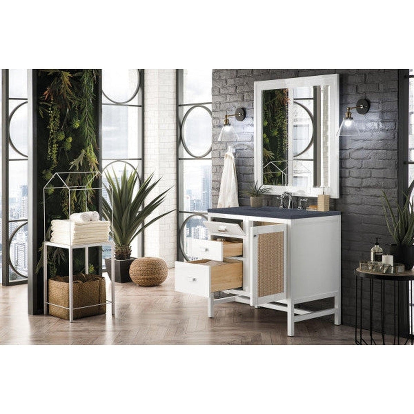 James Martin Addison 36" Single Glossy White Bathroom Vanity With 1" Charcoal Soapstone Quartz Top and Rectangular Ceramic Sink