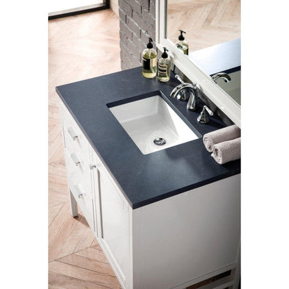 James Martin Addison 36" Single Glossy White Bathroom Vanity With 1" Charcoal Soapstone Quartz Top and Rectangular Ceramic Sink