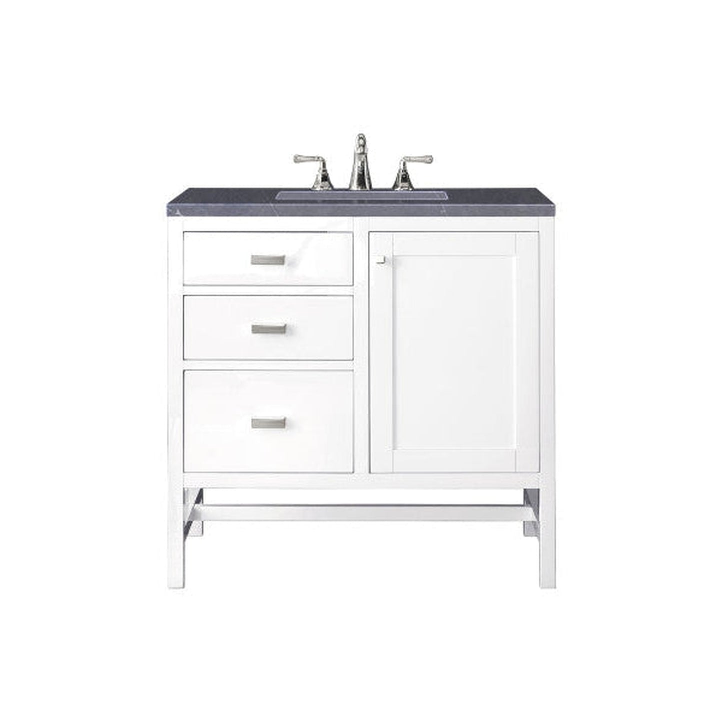 James Martin Addison 36" Single Glossy White Bathroom Vanity With 1" Charcoal Soapstone Quartz Top and Rectangular Ceramic Sink