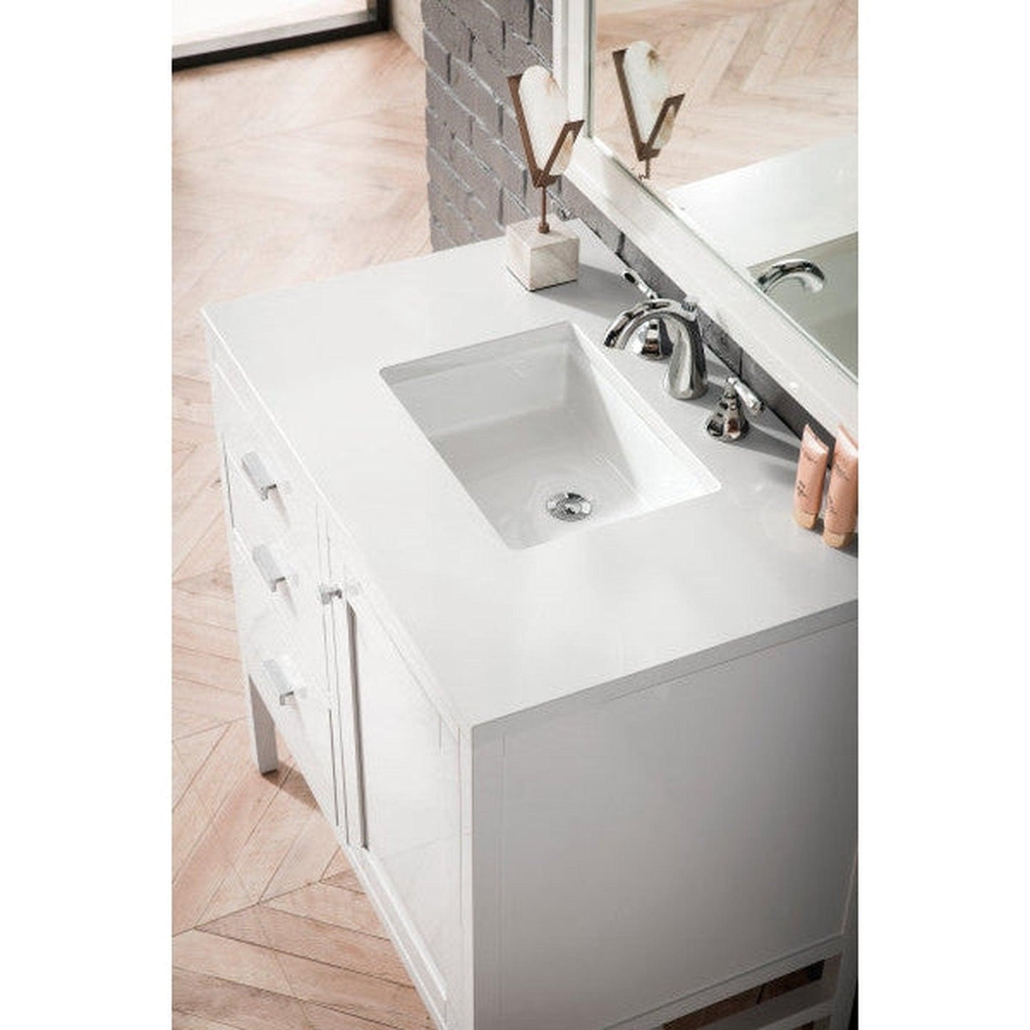 James Martin Addison 36" Single Glossy White Bathroom Vanity With 1" Classic White Quartz Top and Rectangular Ceramic Sink