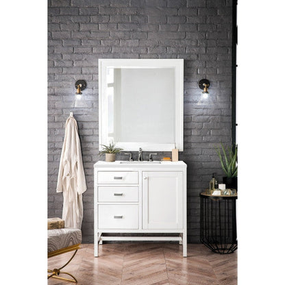 James Martin Addison 36" Single Glossy White Bathroom Vanity With 1" Classic White Quartz Top and Rectangular Ceramic Sink