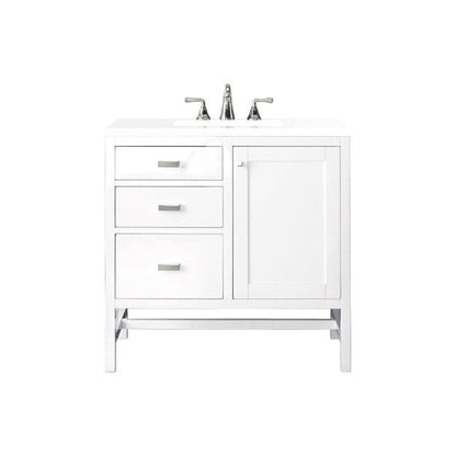 James Martin Addison 36" Single Glossy White Bathroom Vanity With 1" Classic White Quartz Top and Rectangular Ceramic Sink