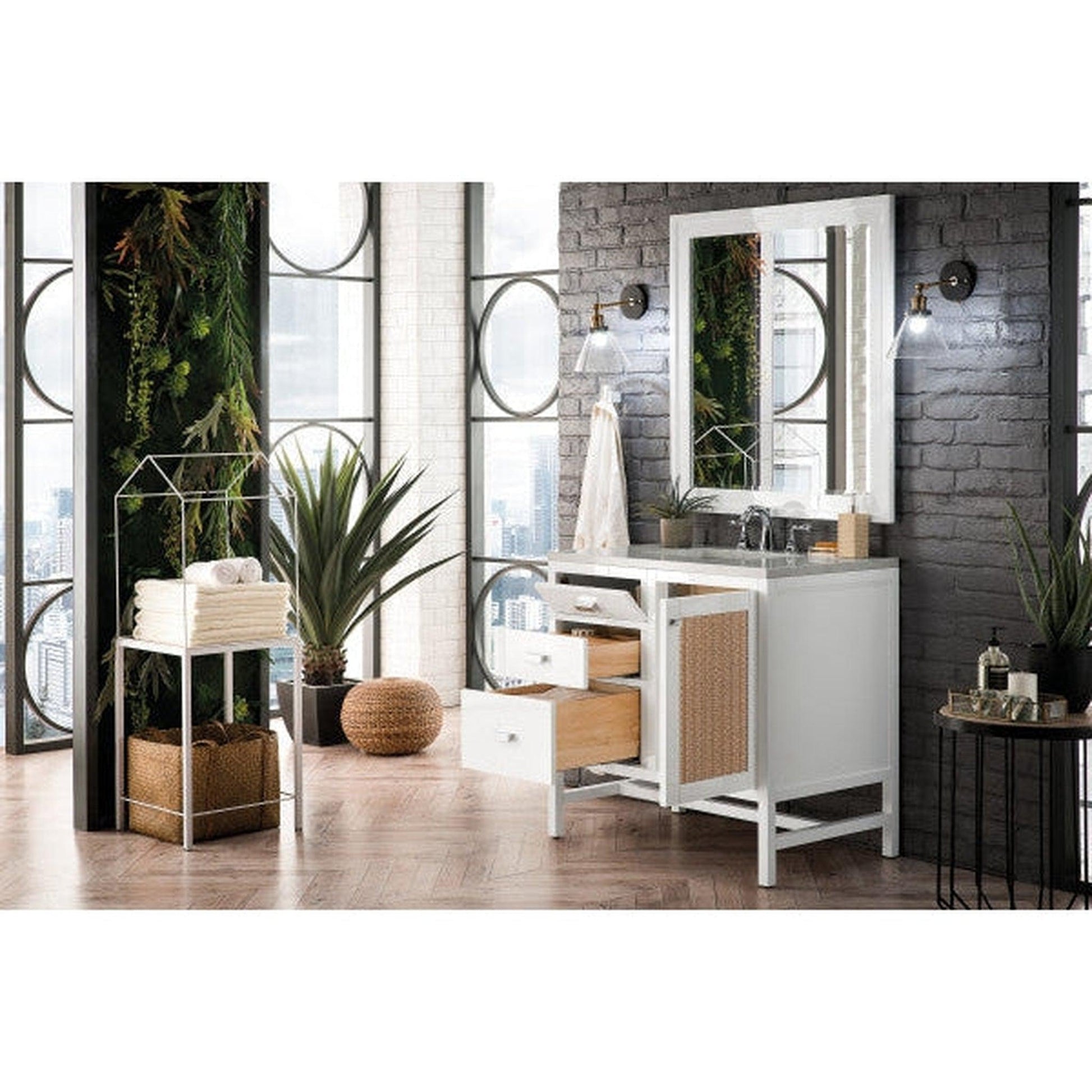 James Martin Addison 36" Single Glossy White Bathroom Vanity With 1" Eternal Jasmine Pearl Quartz Top and Rectangular Ceramic Sink