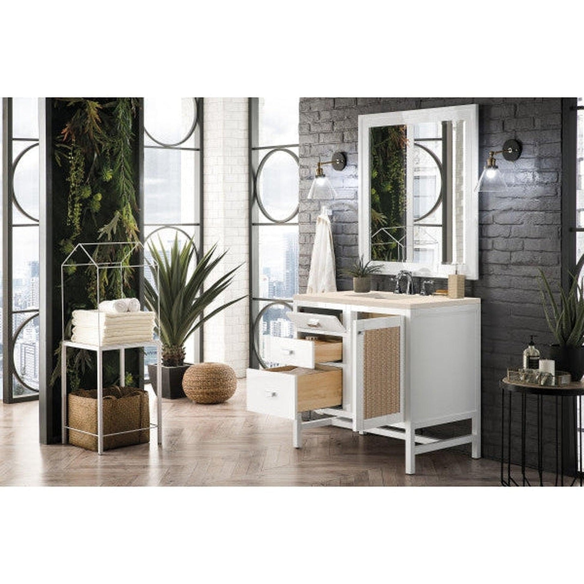 James Martin Addison 36" Single Glossy White Bathroom Vanity With 1" Eternal Marfil Quartz Top and Rectangular Ceramic Sink