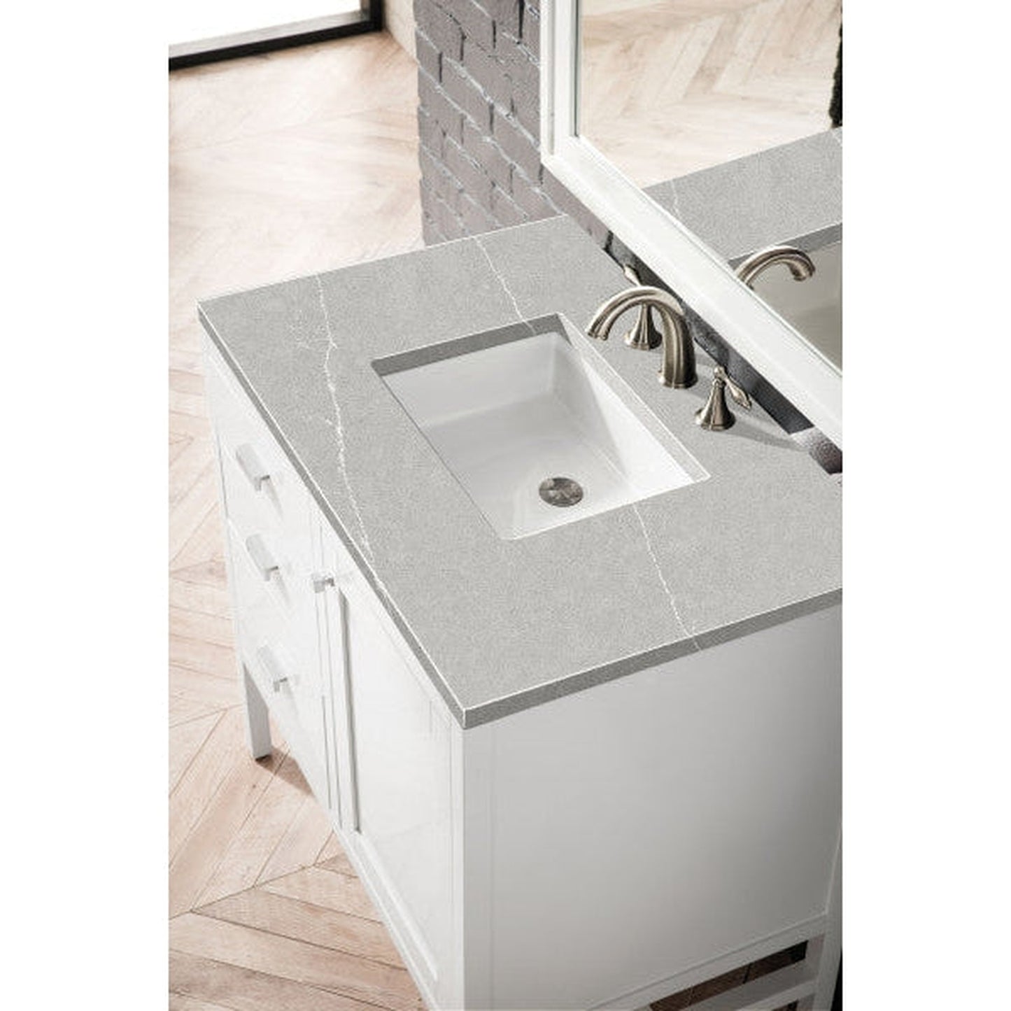 James Martin Addison 36" Single Glossy White Bathroom Vanity With 1" Eternal Serena Quartz Top and Rectangular Ceramic Sink