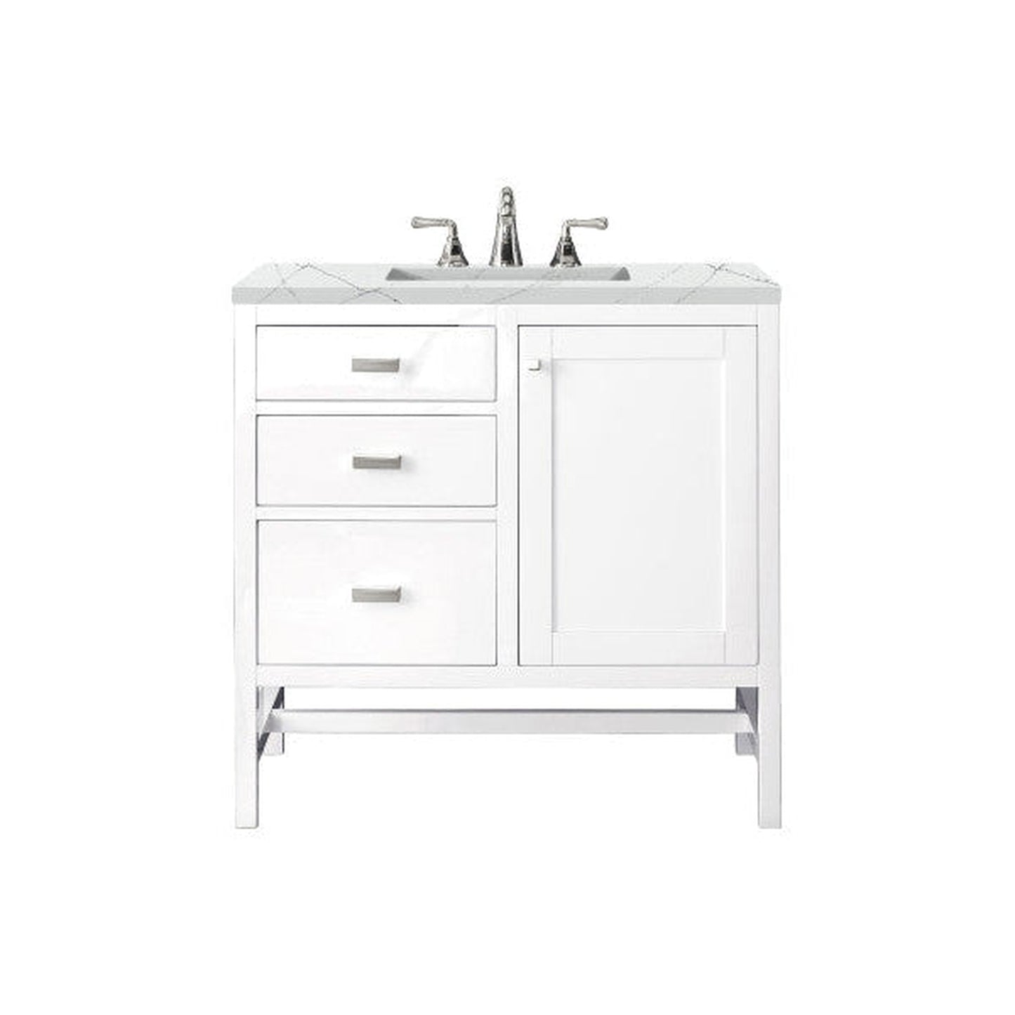 James Martin Addison 36" Single Glossy White Bathroom Vanity With 1" Ethereal Noctis Quartz Top and Rectangular Ceramic Sink