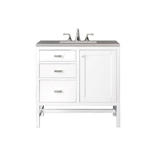 James Martin Addison 36" Single Glossy White Bathroom Vanity With 1" Gray Expo Quartz Top and Rectangular Ceramic Sink