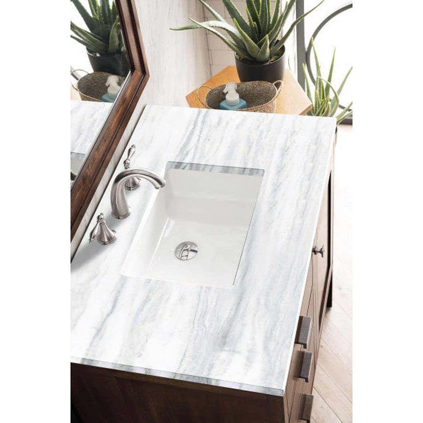 James Martin Addison 36" Single Mid Century Acacia Bathroom Vanity With 1" Arctic Fall Solid Surface Top and Rectangular Ceramic Sink