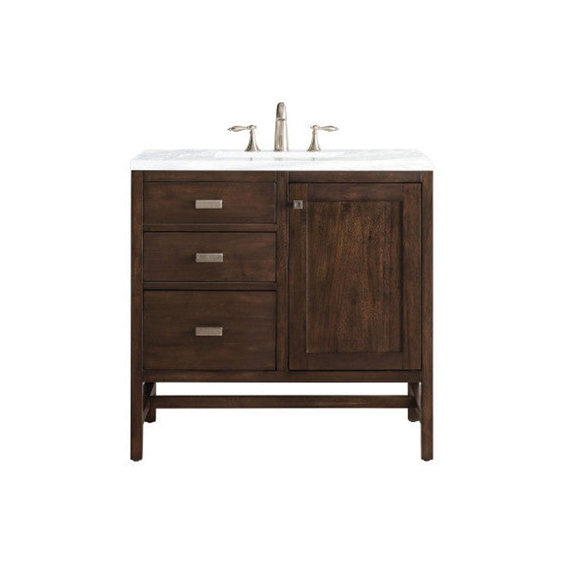 James Martin Addison 36" Single Mid Century Acacia Bathroom Vanity With 1" Arctic Fall Solid Surface Top and Rectangular Ceramic Sink