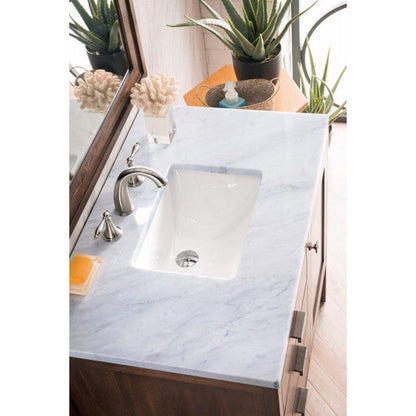 James Martin Addison 36" Single Mid Century Acacia Bathroom Vanity With 1" Carrara White Marble Top and Rectangular Ceramic Sink