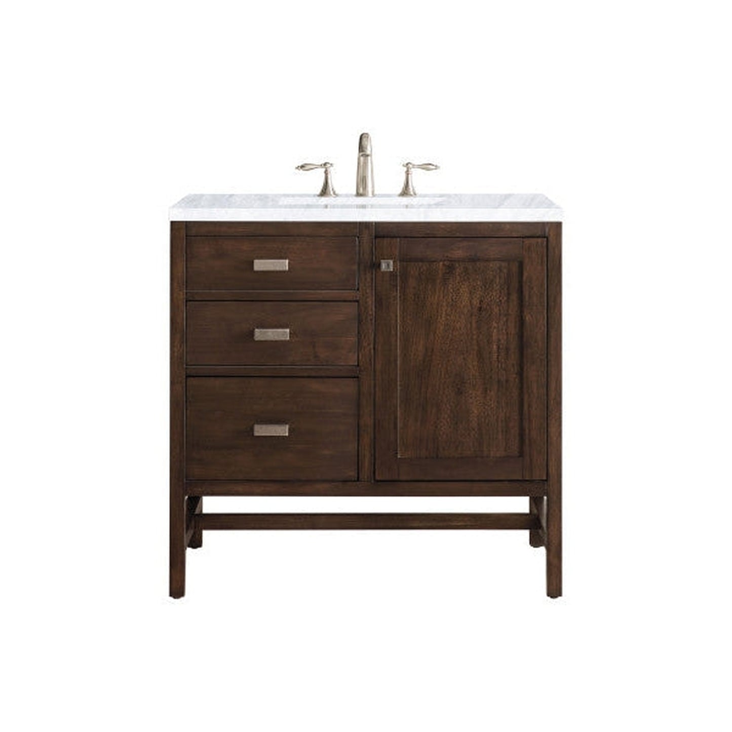 James Martin Addison 36" Single Mid Century Acacia Bathroom Vanity With 1" Carrara White Marble Top and Rectangular Ceramic Sink