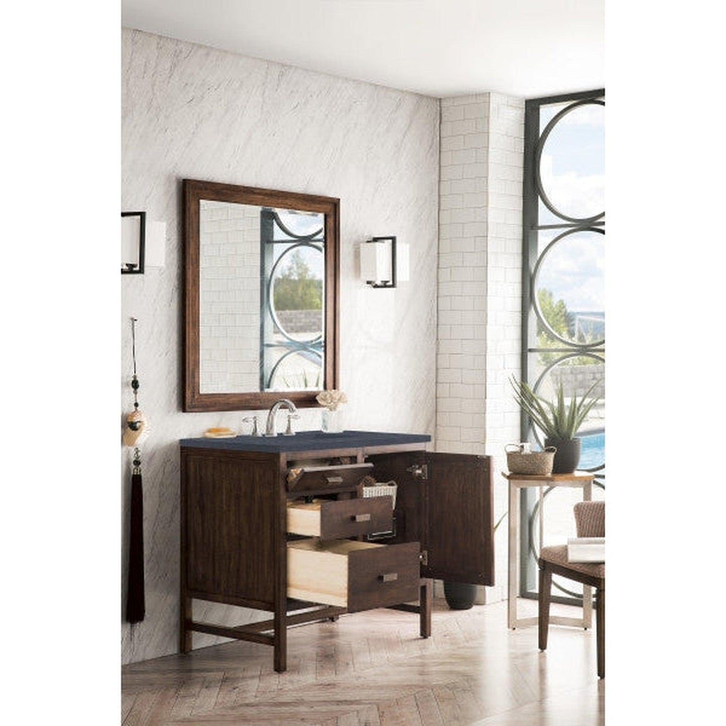 James Martin Addison 36" Single Mid Century Acacia Bathroom Vanity With 1" Charcoal Soapstone Quartz Top and Rectangular Ceramic Sink