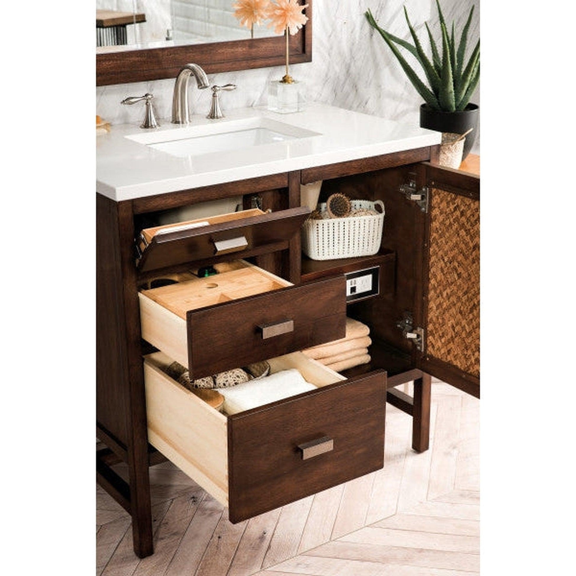 James Martin Addison 36" Single Mid Century Acacia Bathroom Vanity With 1" Classic White Quartz Top and Rectangular Ceramic Sink