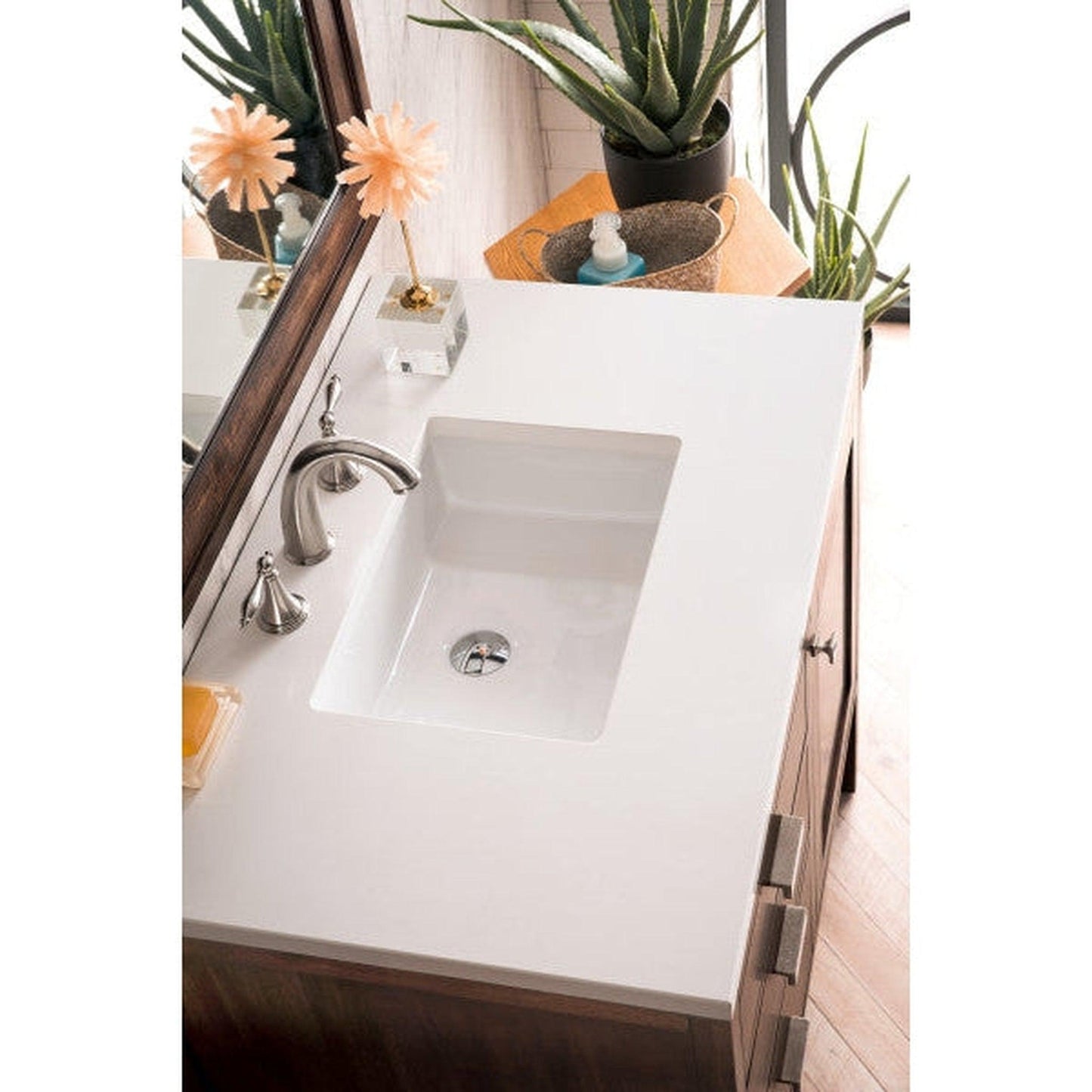 James Martin Addison 36" Single Mid Century Acacia Bathroom Vanity With 1" Classic White Quartz Top and Rectangular Ceramic Sink