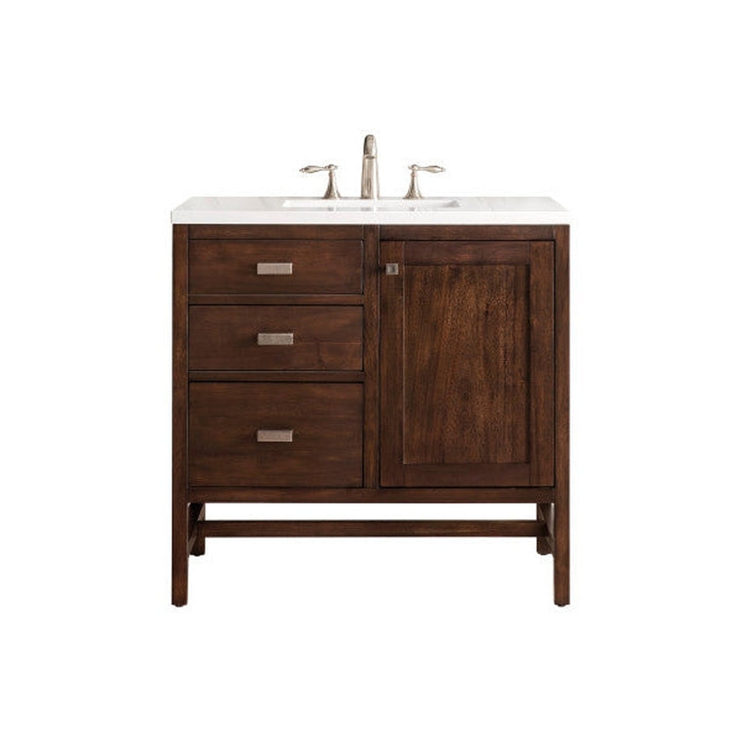 James Martin Addison 36" Single Mid Century Acacia Bathroom Vanity With 1" Classic White Quartz Top and Rectangular Ceramic Sink