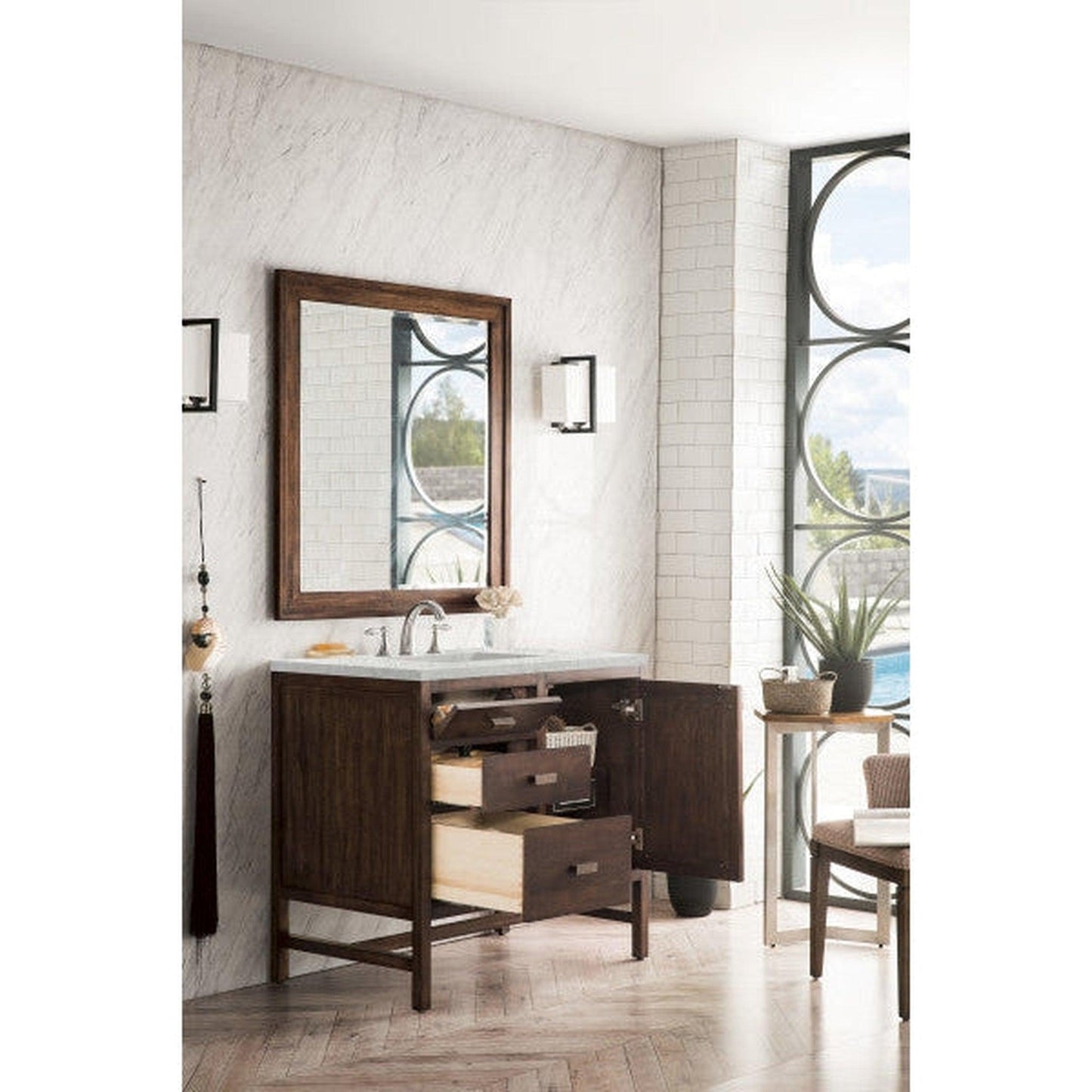 James Martin Addison 36" Single Mid Century Acacia Bathroom Vanity With 1" Eternal Jasmine Pearl Quartz Top and Rectangular Ceramic Sink