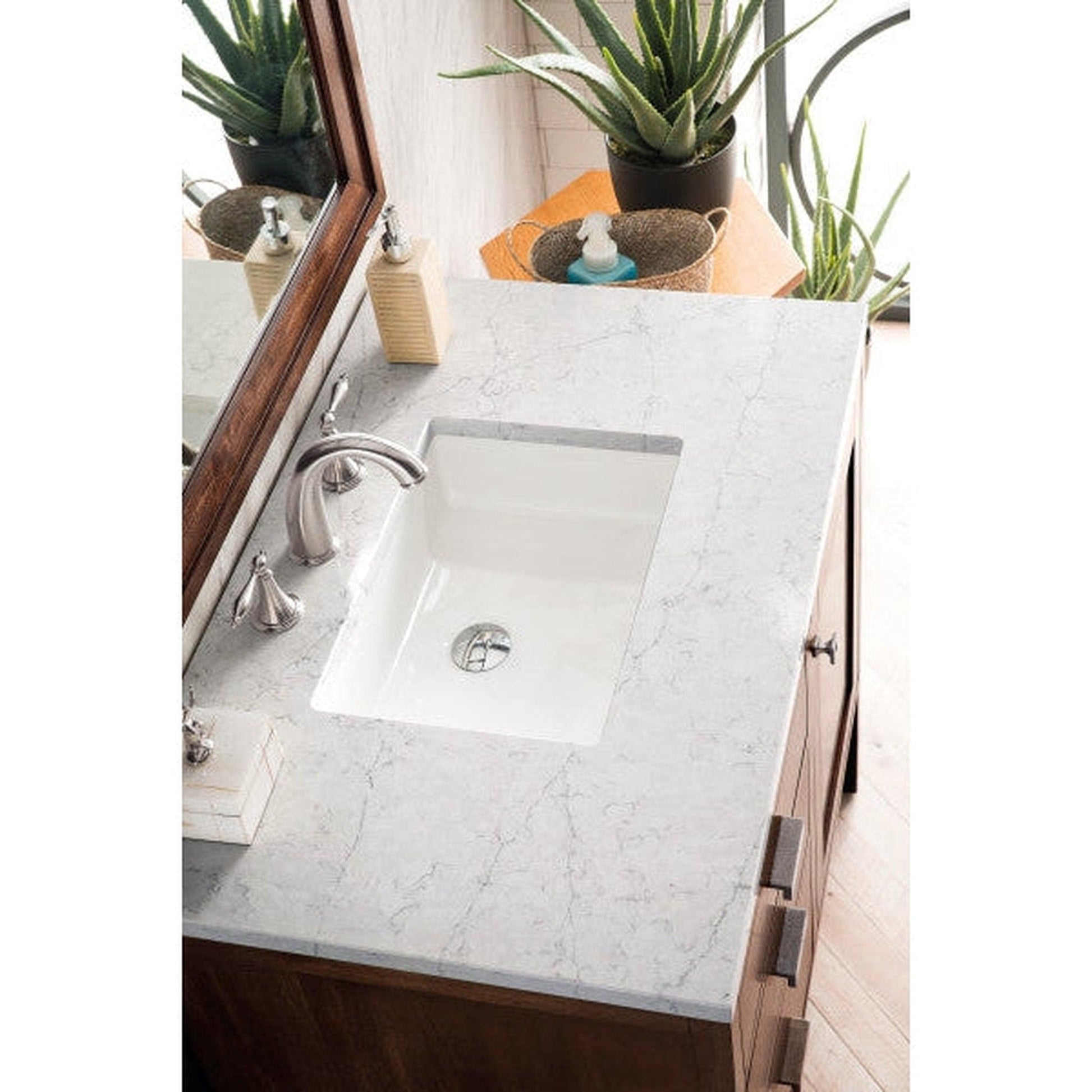 James Martin Addison 36" Single Mid Century Acacia Bathroom Vanity With 1" Eternal Jasmine Pearl Quartz Top and Rectangular Ceramic Sink