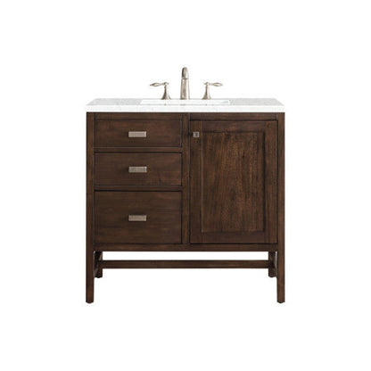 James Martin Addison 36" Single Mid Century Acacia Bathroom Vanity With 1" Eternal Jasmine Pearl Quartz Top and Rectangular Ceramic Sink