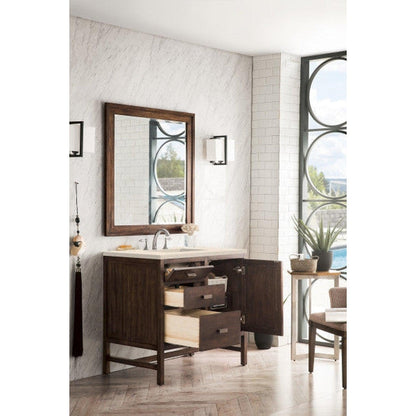 James Martin Addison 36" Single Mid Century Acacia Bathroom Vanity With 1" Eternal Marfil Quartz Top and Rectangular Ceramic Sink