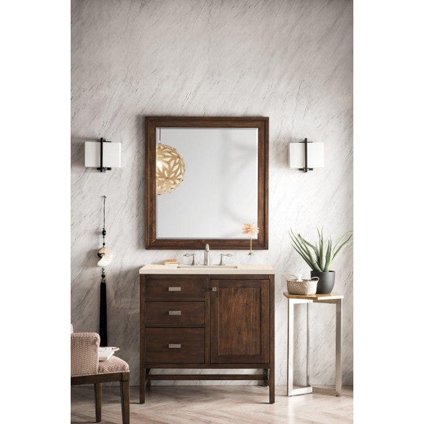 James Martin Addison 36" Single Mid Century Acacia Bathroom Vanity With 1" Eternal Marfil Quartz Top and Rectangular Ceramic Sink