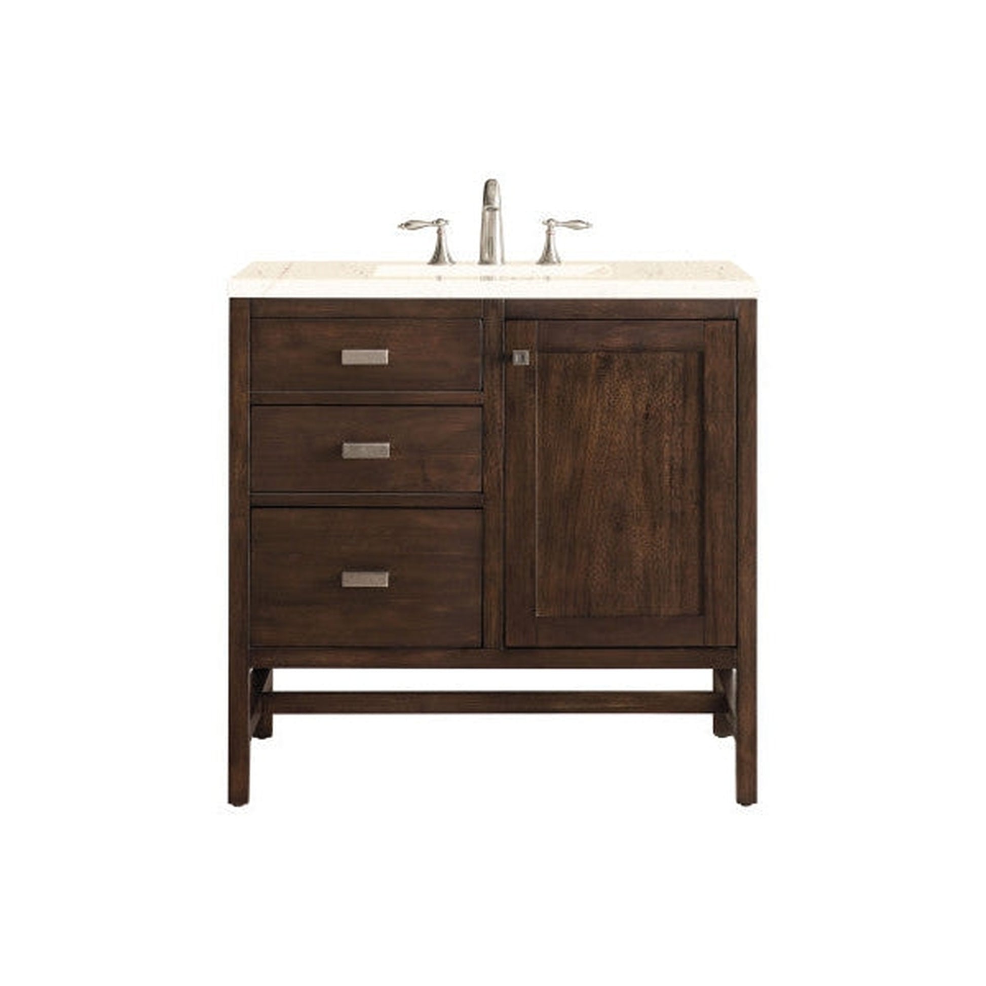 James Martin Addison 36" Single Mid Century Acacia Bathroom Vanity With 1" Eternal Marfil Quartz Top and Rectangular Ceramic Sink