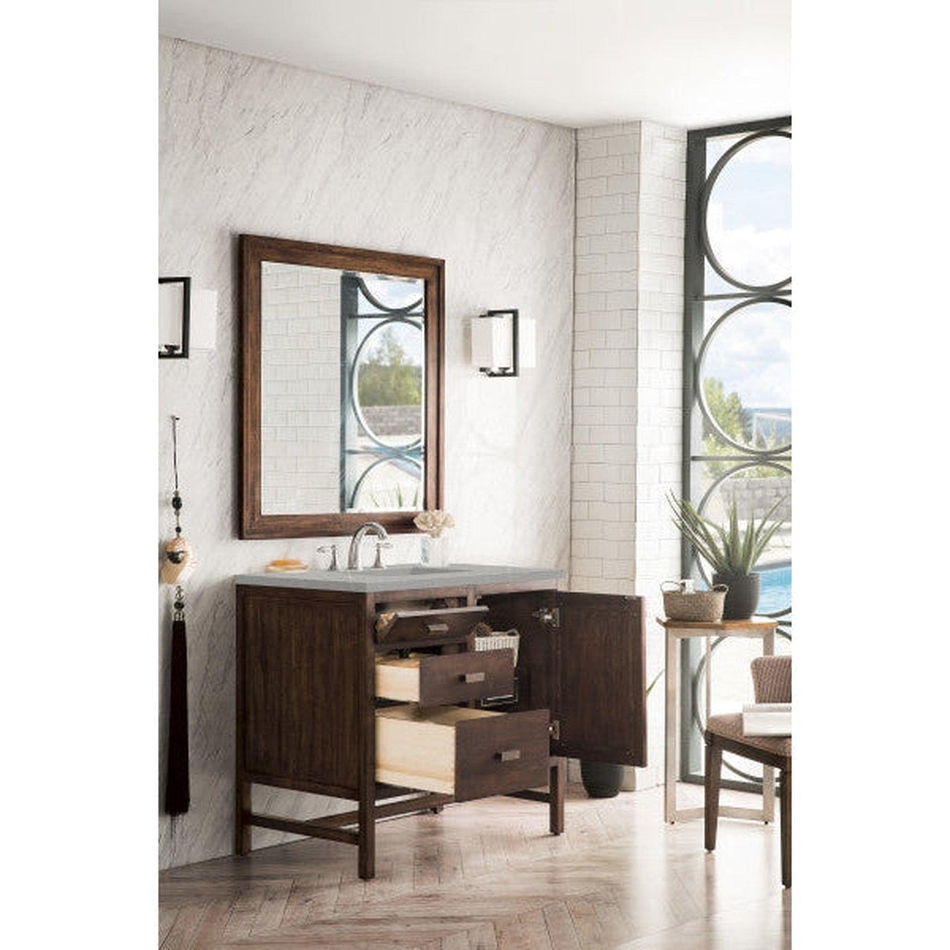 James Martin Addison 36" Single Mid Century Acacia Bathroom Vanity With 1" Eternal Serena Quartz Top and Rectangular Ceramic Sink