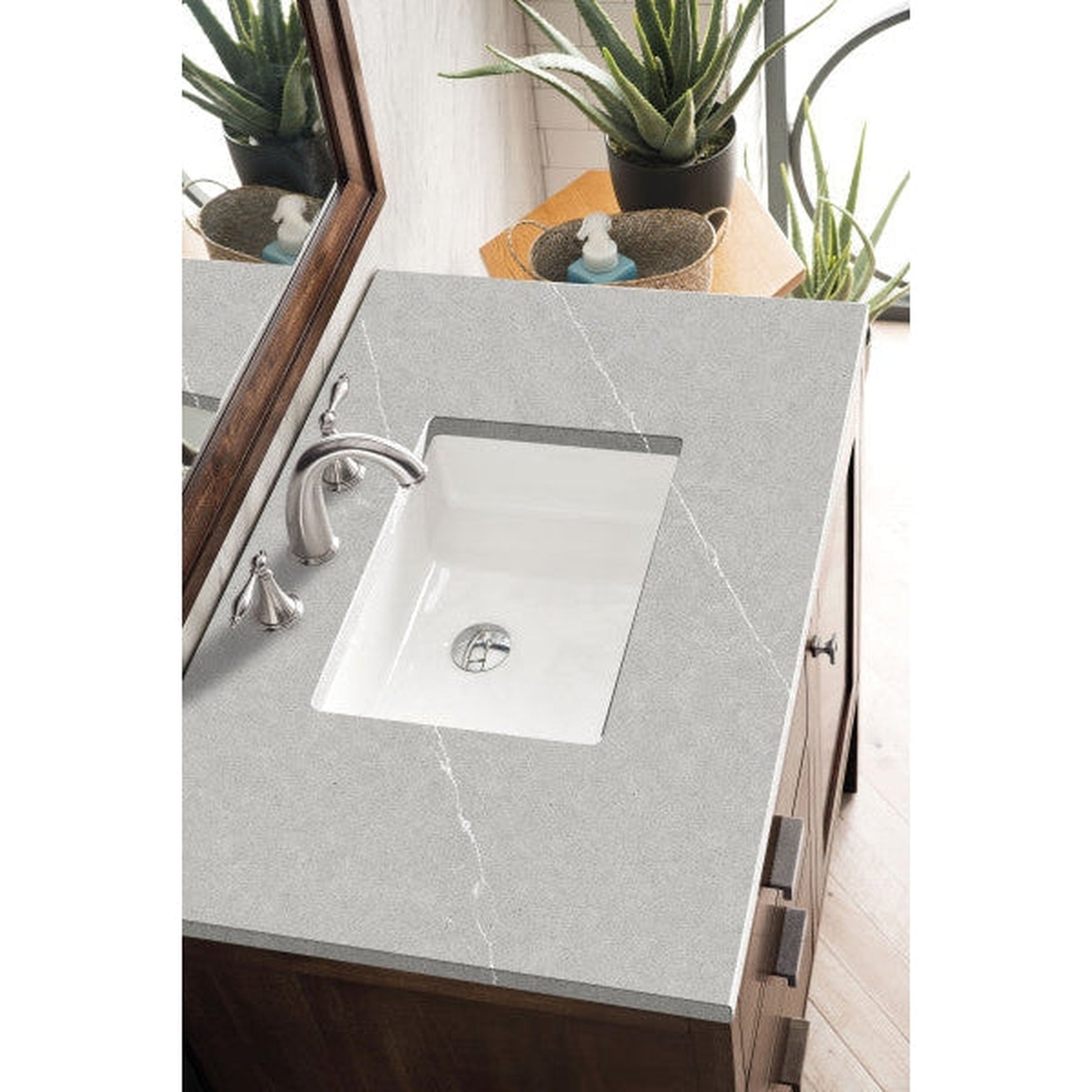 James Martin Addison 36" Single Mid Century Acacia Bathroom Vanity With 1" Eternal Serena Quartz Top and Rectangular Ceramic Sink