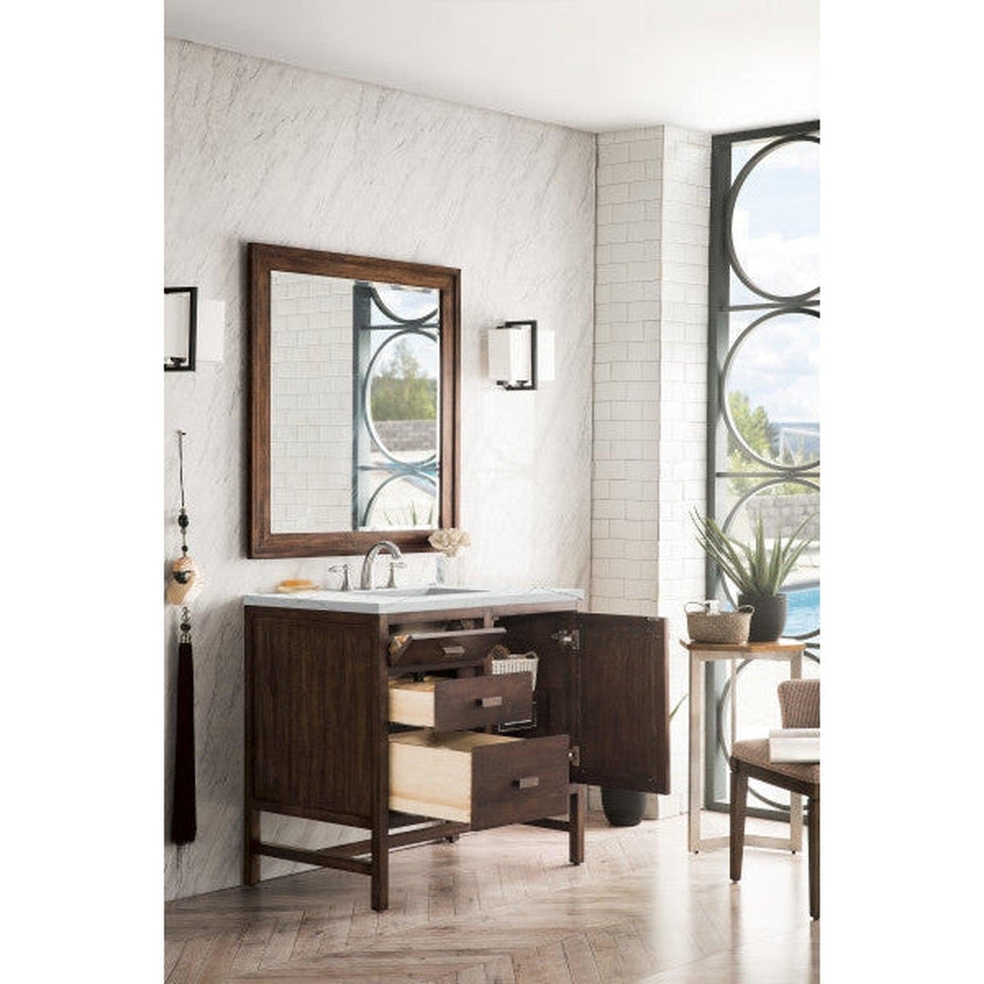 James Martin Addison 36" Single Mid Century Acacia Bathroom Vanity With 1" Ethereal Noctis Quartz Top and Rectangular Ceramic Sink
