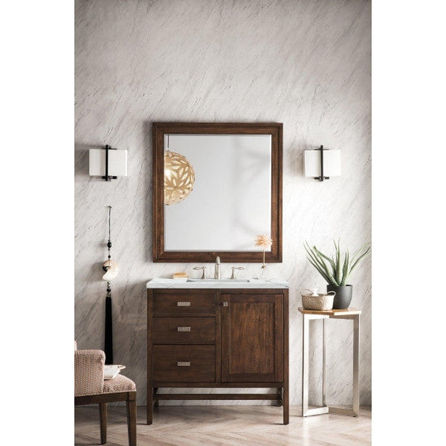 James Martin Addison 36" Single Mid Century Acacia Bathroom Vanity With 1" Ethereal Noctis Quartz Top and Rectangular Ceramic Sink