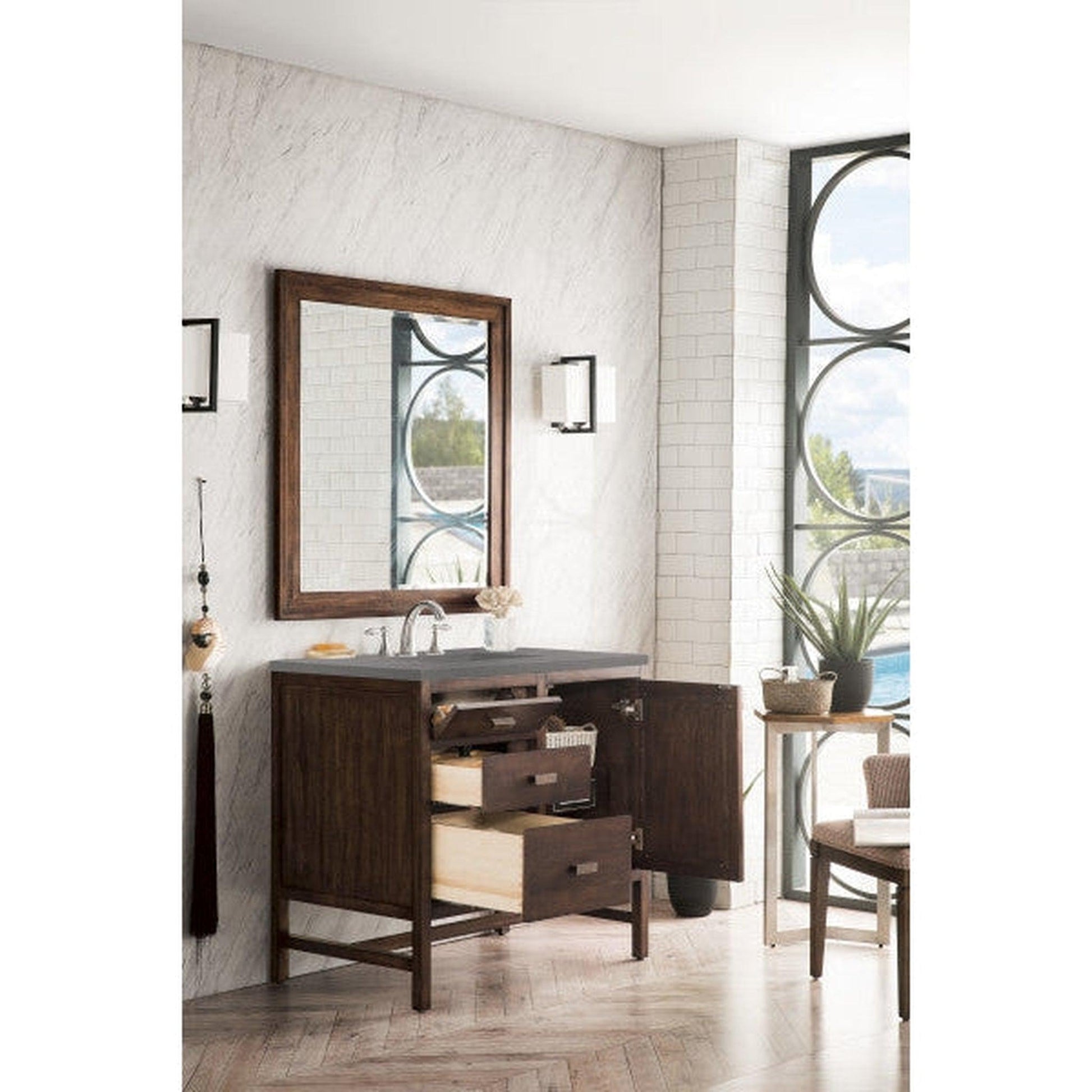 James Martin Addison 36" Single Mid Century Acacia Bathroom Vanity With 1" Gray Expo Quartz Top and Rectangular Ceramic Sink