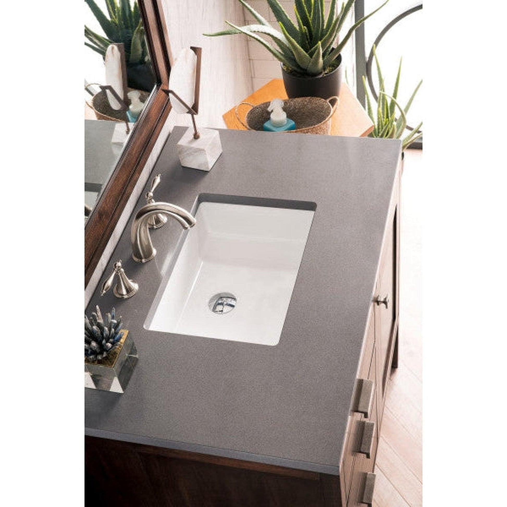 James Martin Addison 36" Single Mid Century Acacia Bathroom Vanity With 1" Gray Expo Quartz Top and Rectangular Ceramic Sink