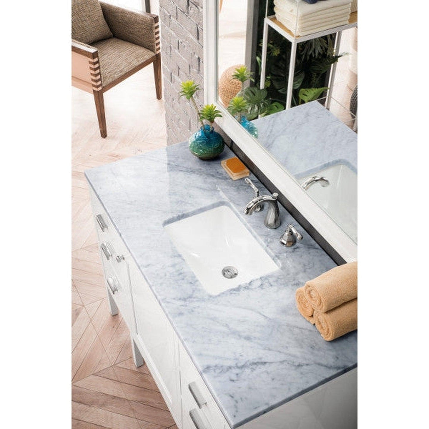 James Martin Addison 48" Single Glossy White Bathroom Vanity With 1" Carrara White Marble Top and Rectangular Ceramic Sink