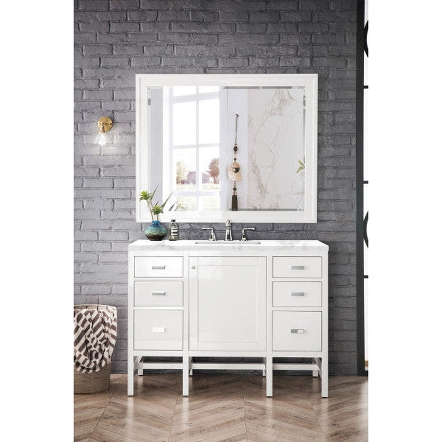 James Martin Addison 48" Single Glossy White Bathroom Vanity With 1" Carrara White Marble Top and Rectangular Ceramic Sink