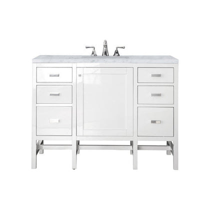 James Martin Addison 48" Single Glossy White Bathroom Vanity With 1" Carrara White Marble Top and Rectangular Ceramic Sink