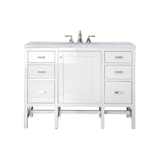 James Martin Addison 48" Single Glossy White Bathroom Vanity With 1" Carrara White Marble Top and Rectangular Ceramic Sink