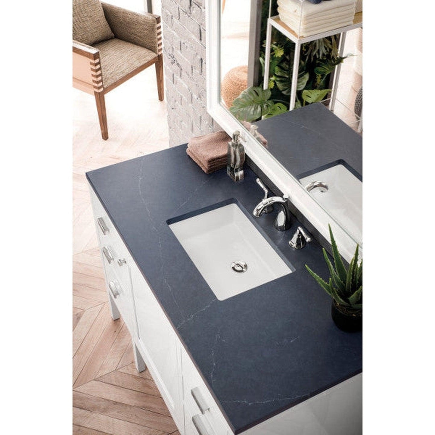 James Martin Addison 48" Single Glossy White Bathroom Vanity With 1" Charcoal Soapstone Quartz Top and Rectangular Ceramic Sink