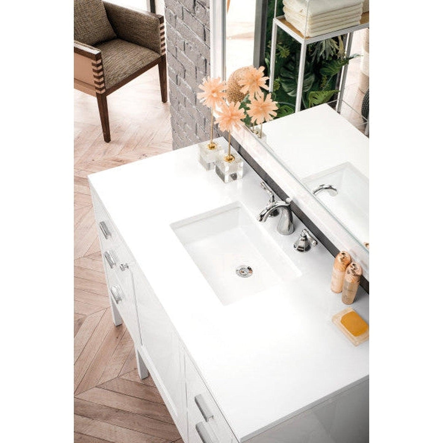 James Martin Addison 48" Single Glossy White Bathroom Vanity With 1" Classic White Quartz Top and Rectangular Ceramic Sink