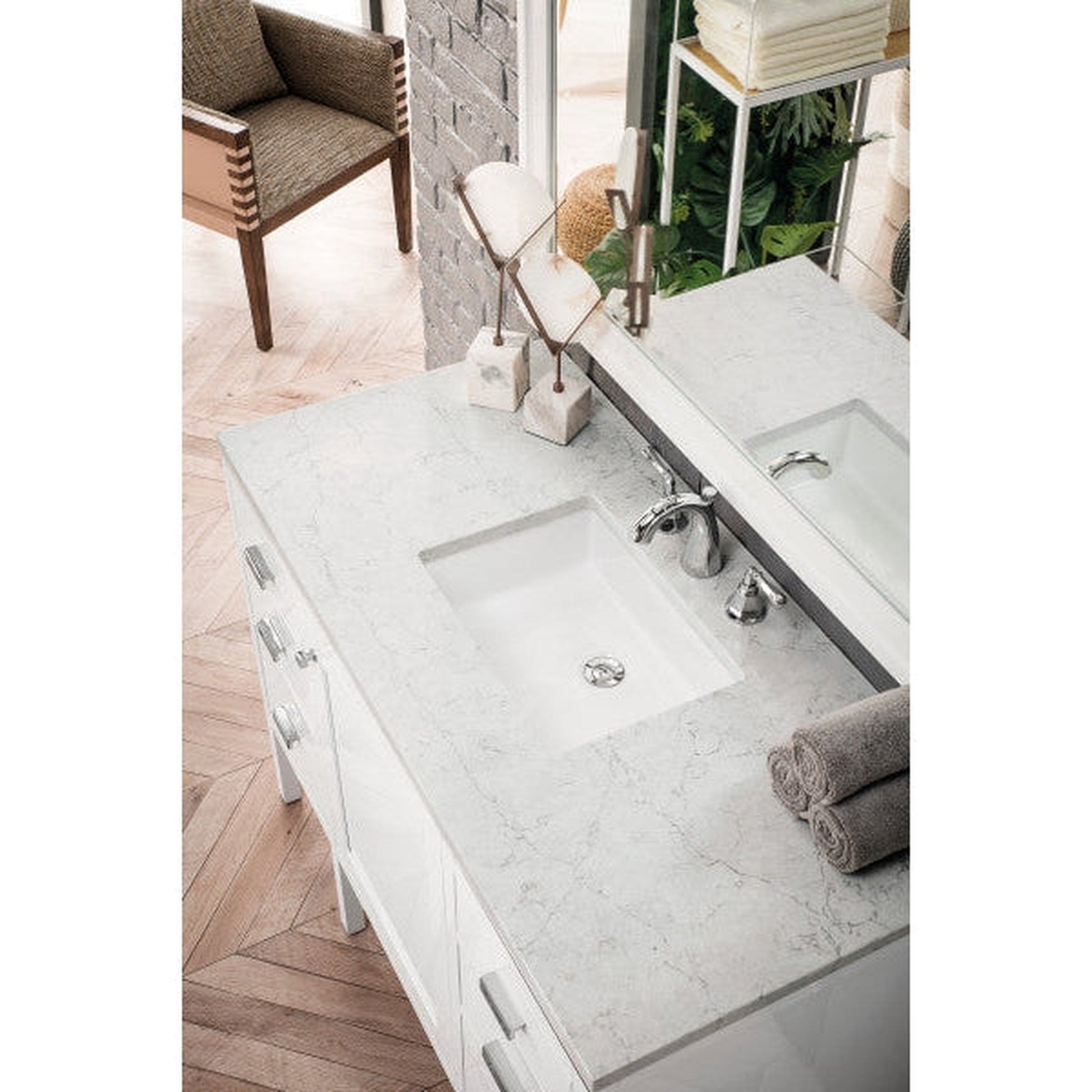 James Martin Addison 48" Single Glossy White Bathroom Vanity With 1" Eternal Jasmine Pearl Quartz Top and Rectangular Ceramic Sink