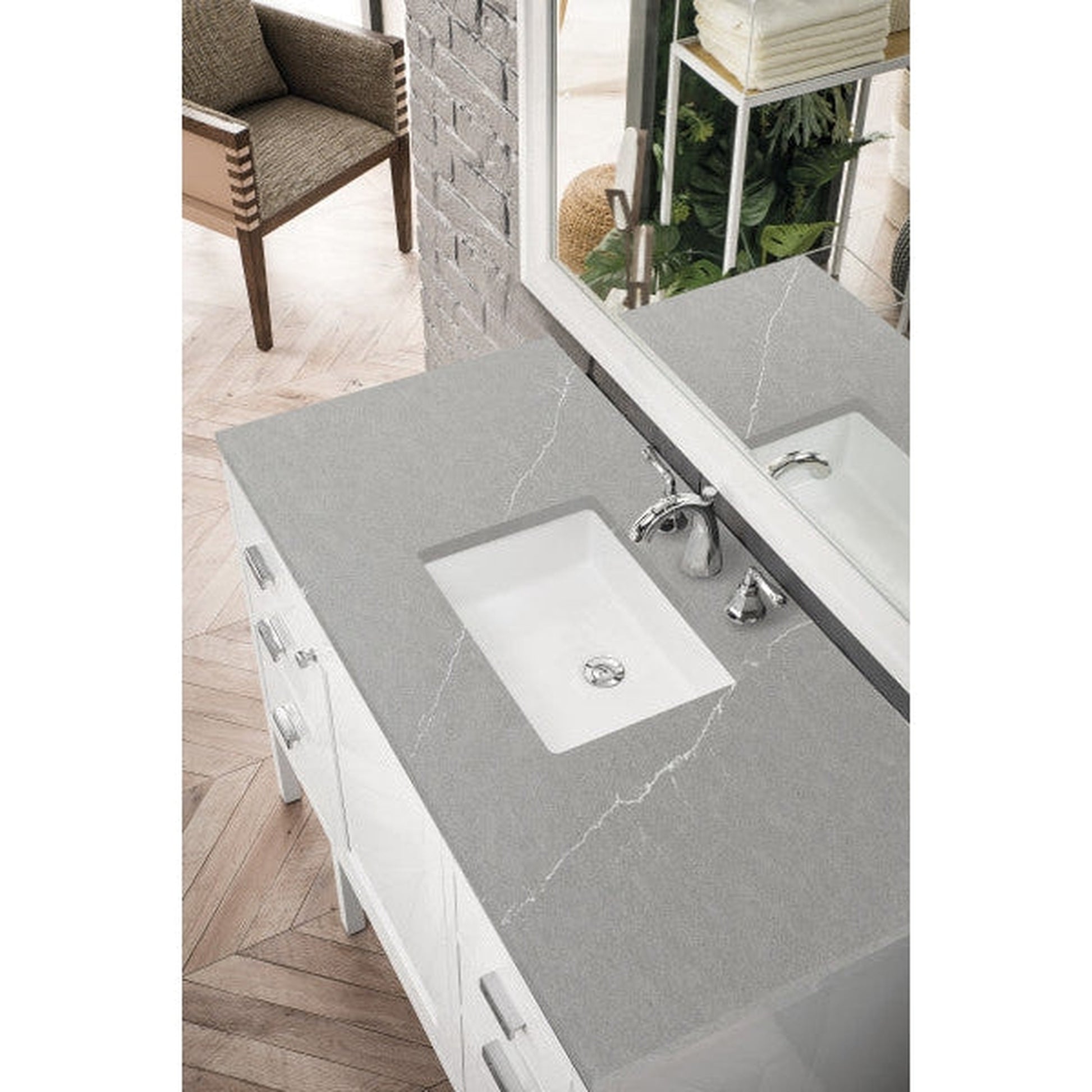 James Martin Addison 48" Single Glossy White Bathroom Vanity With 1" Eternal Serena Quartz Top and Rectangular Ceramic Sink