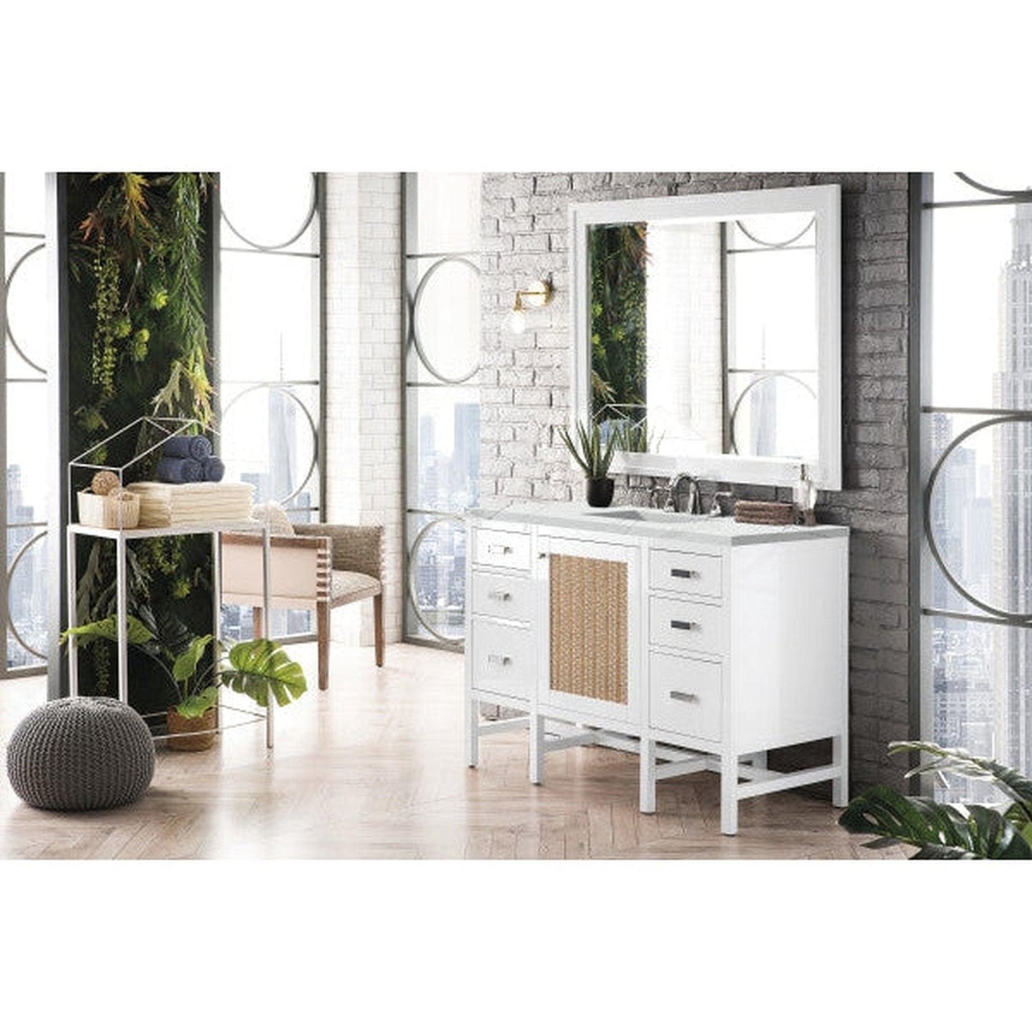 James Martin Addison 48" Single Glossy White Bathroom Vanity With 1" Ethereal Noctis Quartz Top and Rectangular Ceramic Sink