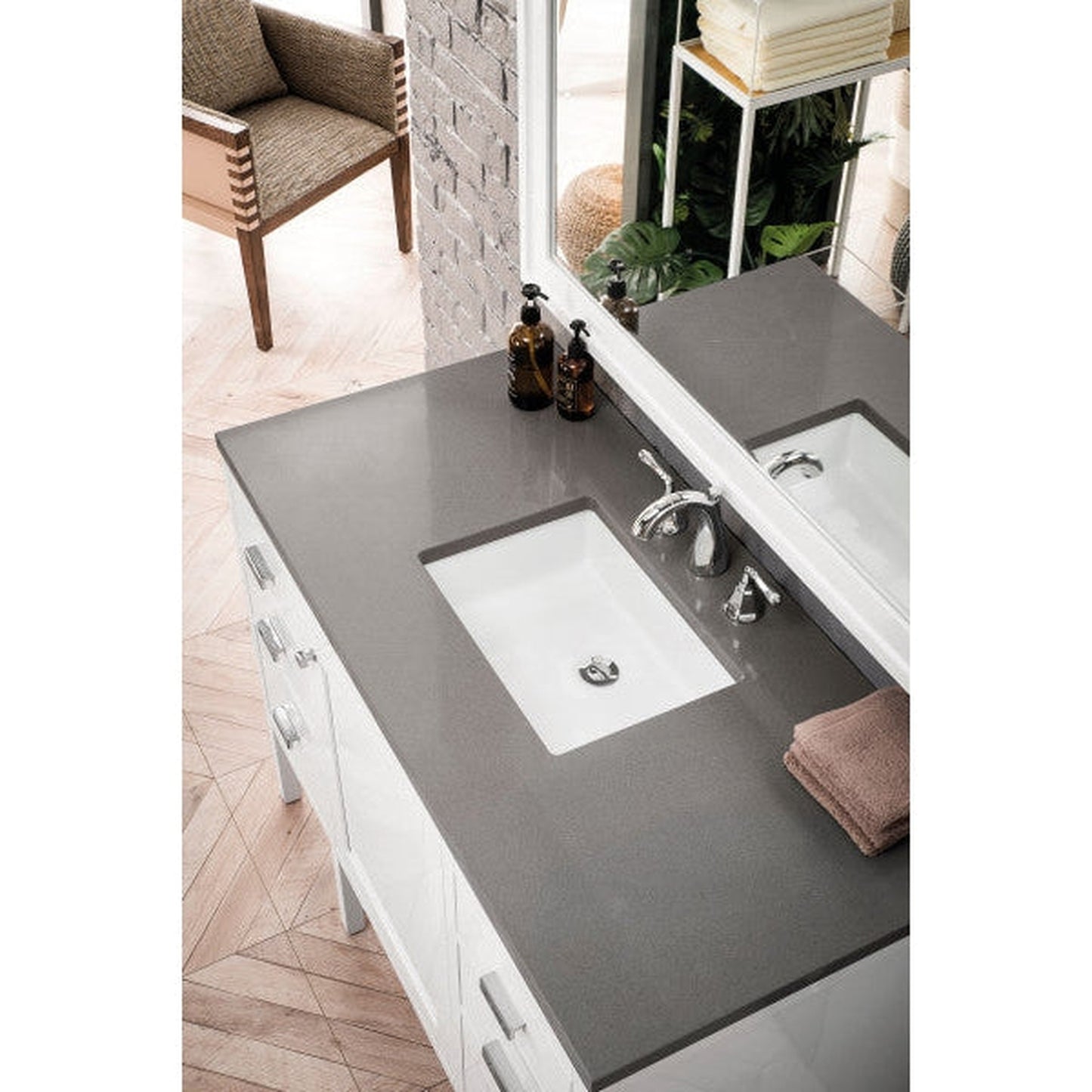 James Martin Addison 48" Single Glossy White Bathroom Vanity With 1" Gray Expo Quartz Top and Rectangular Ceramic Sink