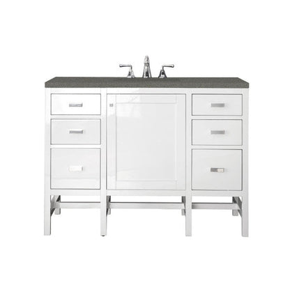 James Martin Addison 48" Single Glossy White Bathroom Vanity With 1" Gray Expo Quartz Top and Rectangular Ceramic Sink