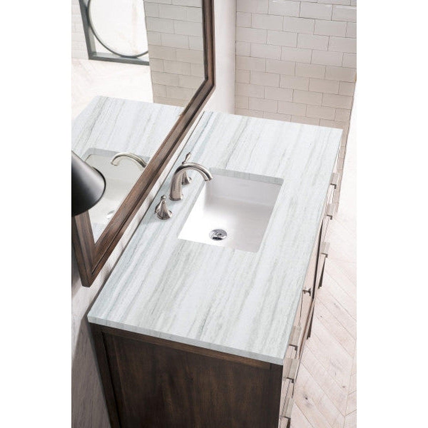 James Martin Addison 48" Single Mid Century Acacia Bathroom Vanity With 1" Arctic Fall Solid Surface Top and Rectangular Ceramic Sink