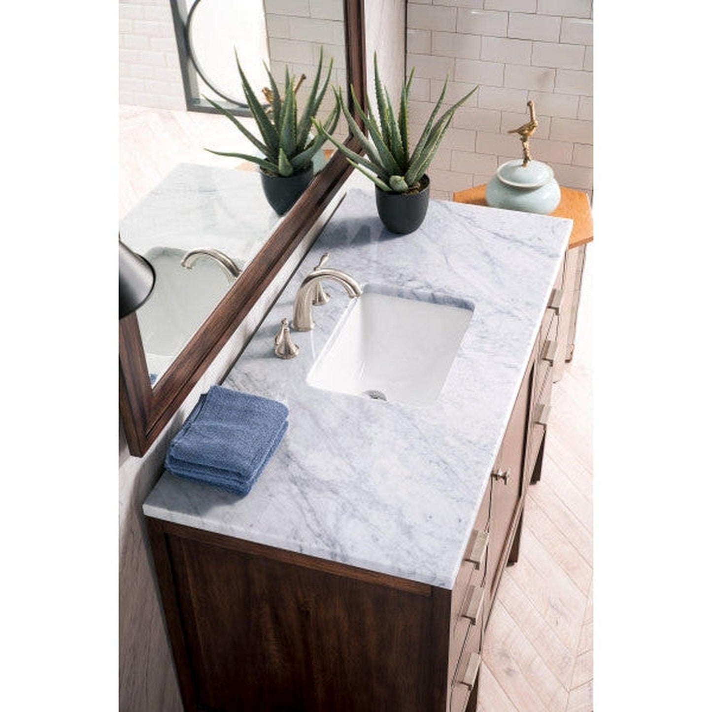 James Martin Addison 48" Single Mid Century Acacia Bathroom Vanity With 1" Carrara White Marble Top and Rectangular Ceramic Sink
