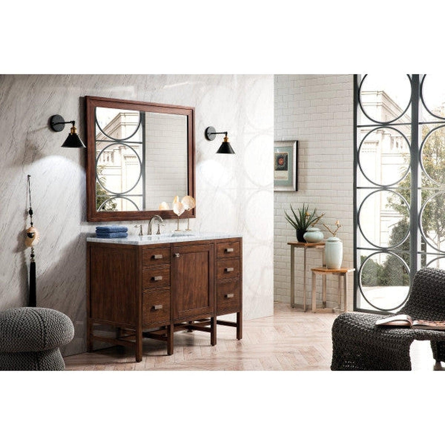 James Martin Addison 48" Single Mid Century Acacia Bathroom Vanity With 1" Carrara White Marble Top and Rectangular Ceramic Sink