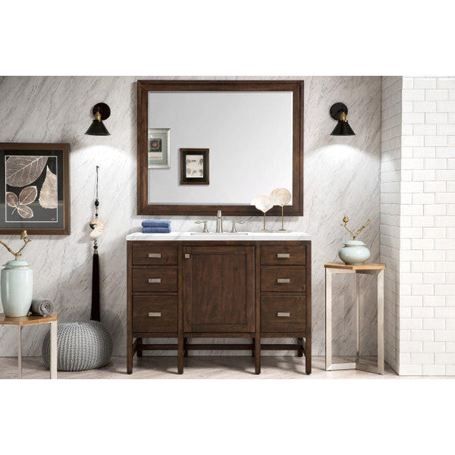 James Martin Addison 48" Single Mid Century Acacia Bathroom Vanity With 1" Carrara White Marble Top and Rectangular Ceramic Sink
