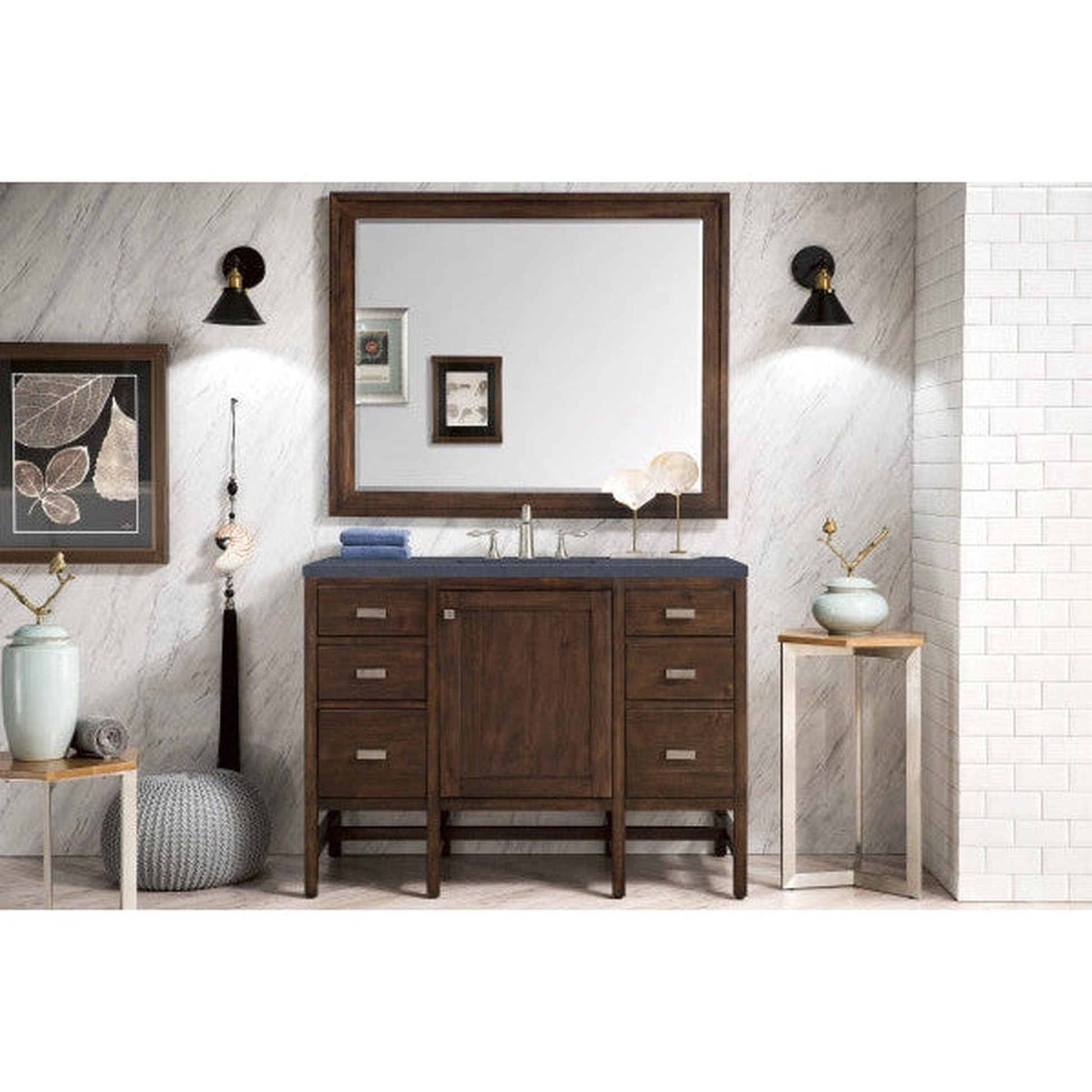 James Martin Addison 48" Single Mid Century Acacia Bathroom Vanity With 1" Charcoal Soapstone Quartz Top and Rectangular Ceramic Sink