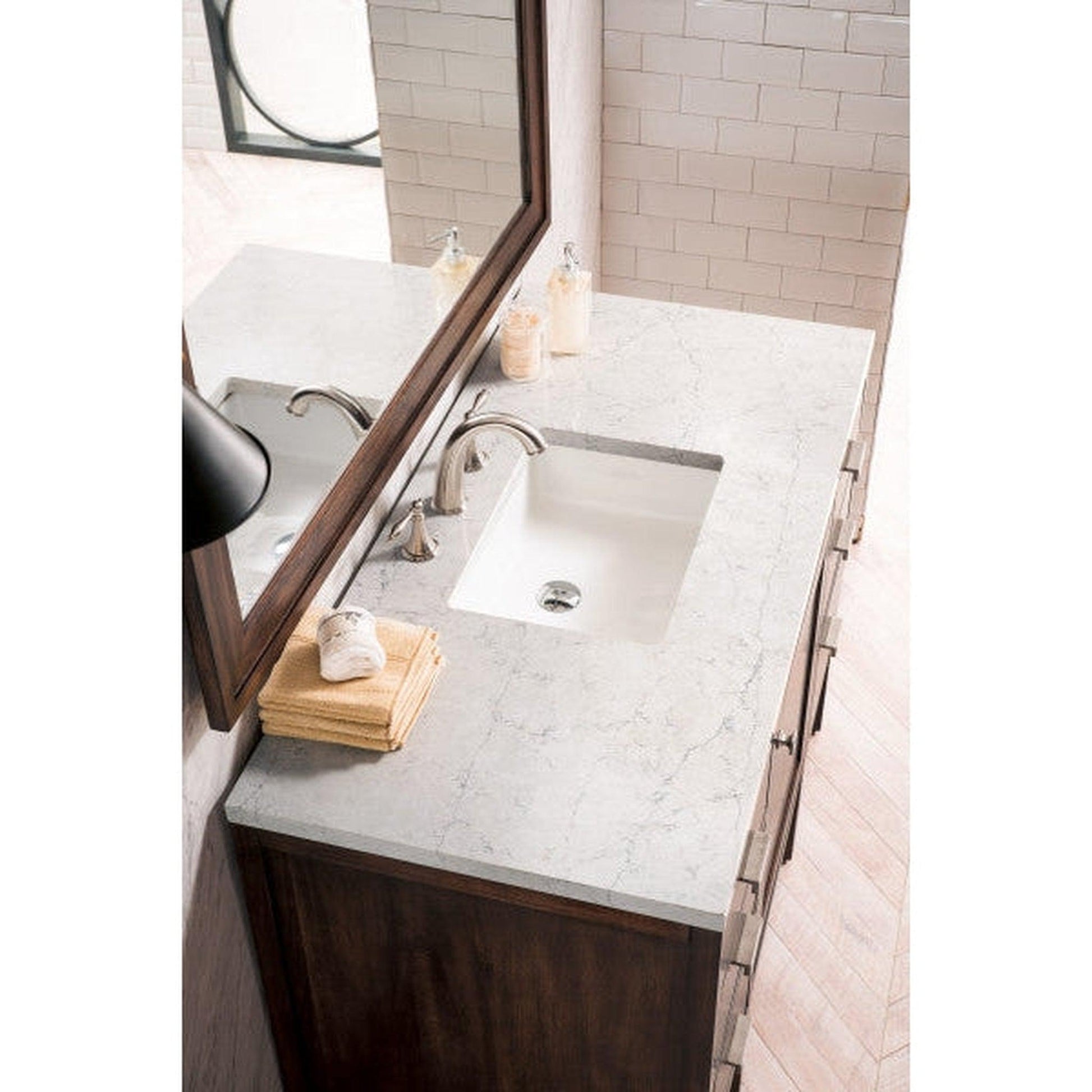James Martin Addison 48" Single Mid Century Acacia Bathroom Vanity With 1" Eternal Jasmine Pearl Quartz Top and Rectangular Ceramic Sink